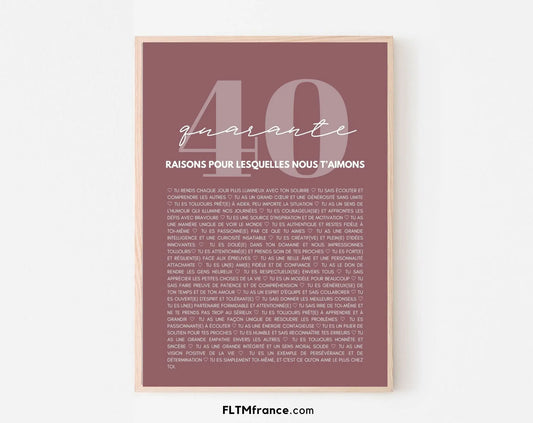 40 raisons pour lesquelles nous t'aimons rose - Cadeau anniversaire 40 ans FLTMfrance