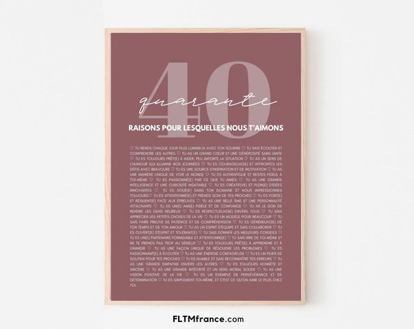40 raisons pour lesquelles nous t'aimons rose - Cadeau anniversaire 40 ans