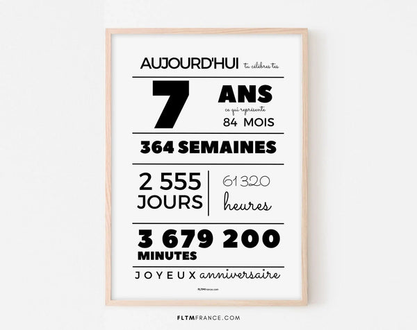 Affiche 7 ans, 84 mois, 364 semaines - Carte anniversaire enfant