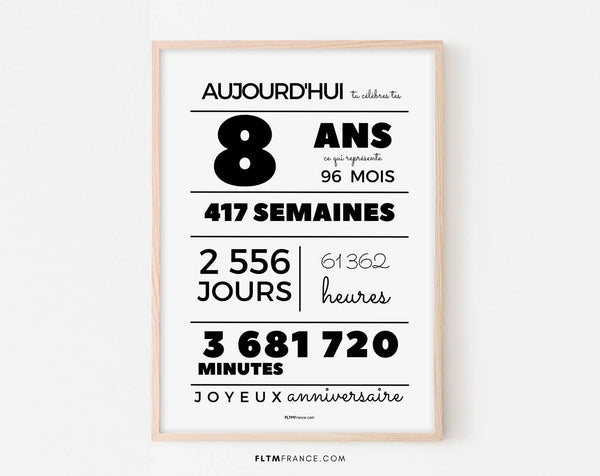 Affiche 8 ans, 96 mois, 417 semaines - Carte d'anniversaire pour enfant