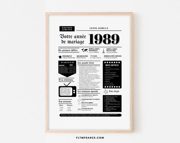 Affiche Année de mariage 1989 - Noces de mousseline - 36 ans de mariage