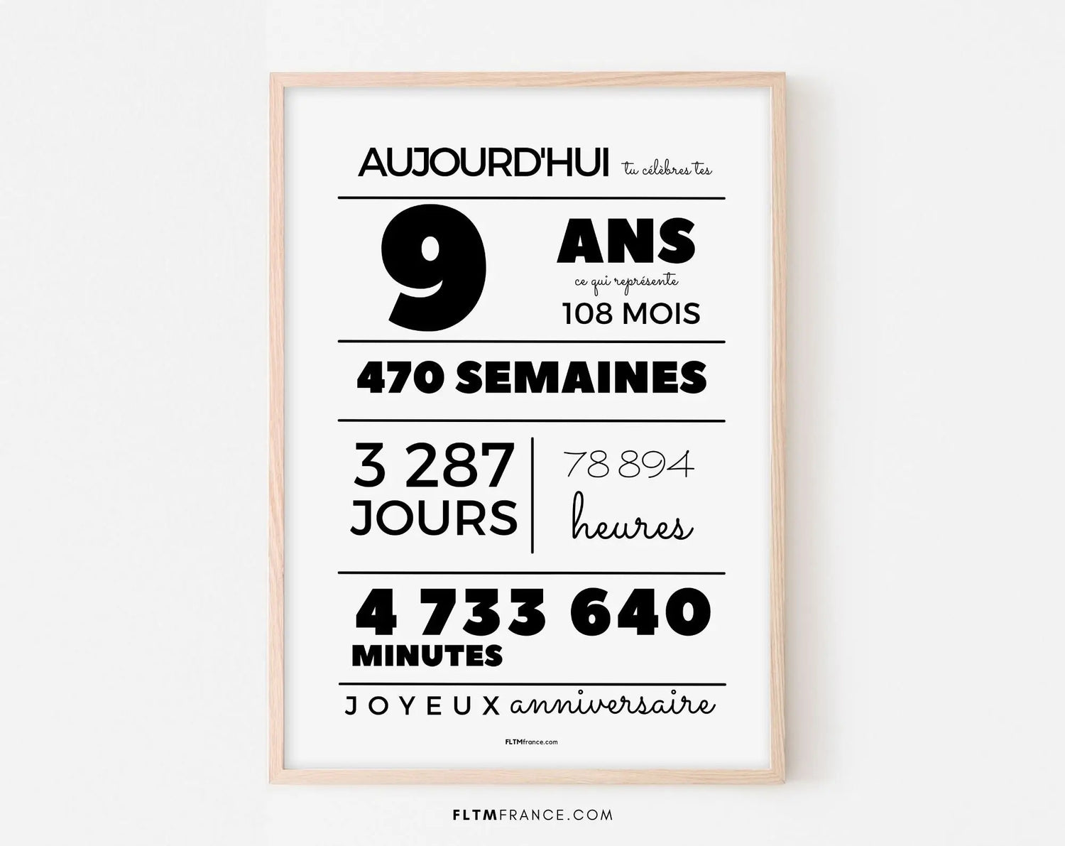 Affiche 9 ans, 108 mois, 470 semaines - Carte anniversaire enfant FLTMfrance