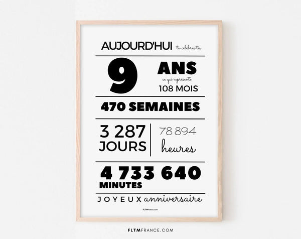 Affiche 9 ans, 108 mois, 470 semaines - Carte anniversaire enfant