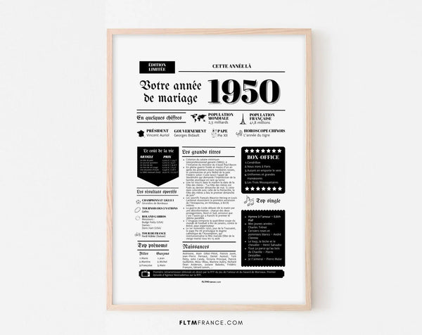 Affiche Année de mariage 1950 - Noces d'albâtre - 75 ans de mariage