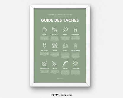 3 affiches coloris verts Guide des taches, droguerie et entretien du linge FLTMfrance