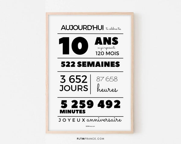 Affiche 10 ans, 120 mois, 522 semaines - Carte anniversaire enfant