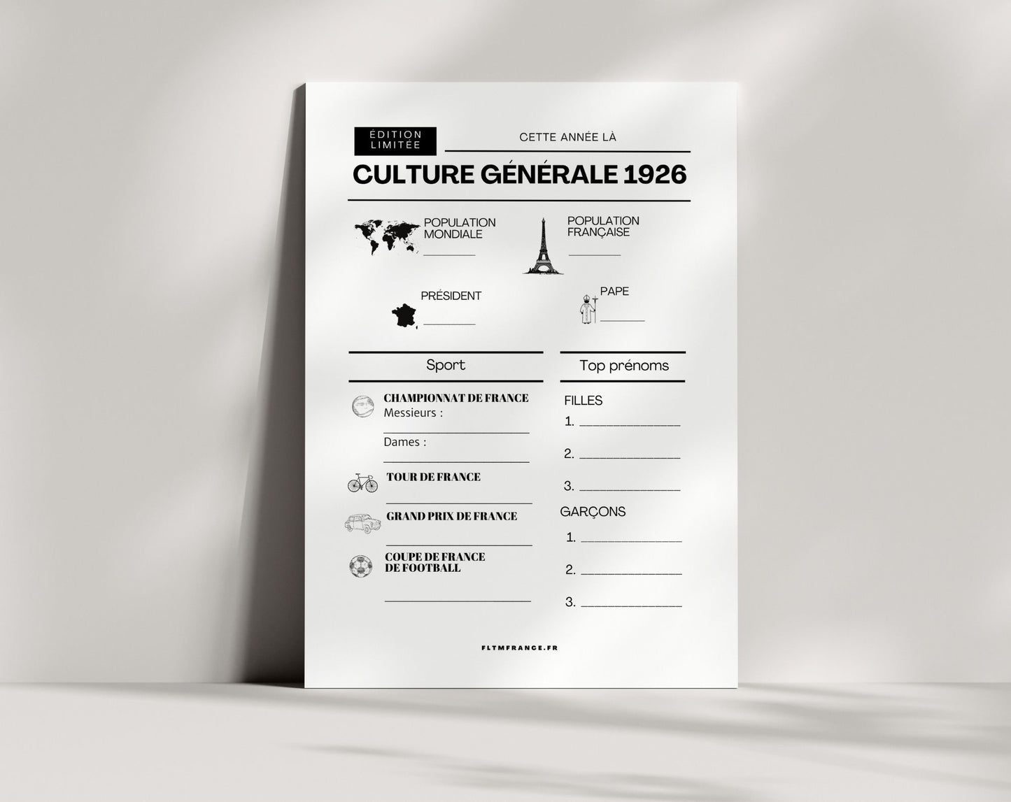 Jeu anniversaire année 1926 - 10 jeux à imprimer pour fêter les 100 ans FLTM