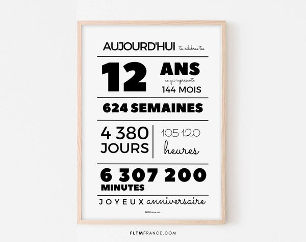 Affiche 12 ans, 144 mois, 624 semaines - Carte anniversaire enfant