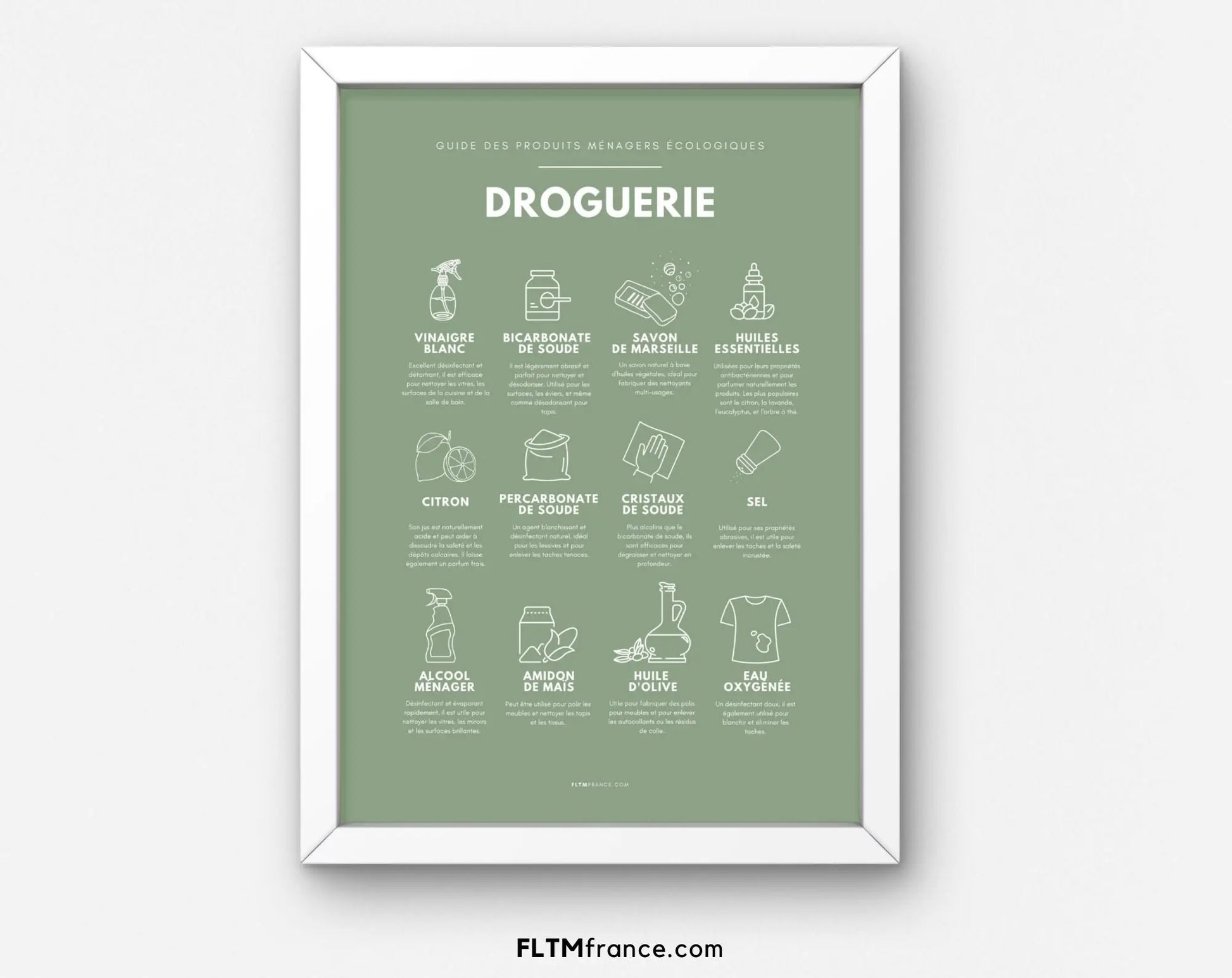 Affiche Droguerie avec coloris verts - Guide des produits ménagers écologiques - Décoration moderne buanderie - Art mural - Poster à imprimer FLTMfrance FLTMfrance