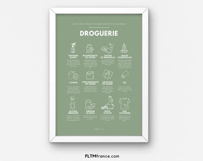 Affiche Droguerie avec coloris verts - Guide des produits ménagers écologiques - Décoration moderne buanderie - Art mural - Poster à imprimer FLTMfrance FLTMfrance