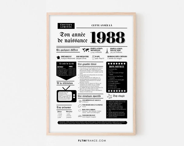 Affiche année de naissance 1988 - Cadeau anniversaire 38 ans