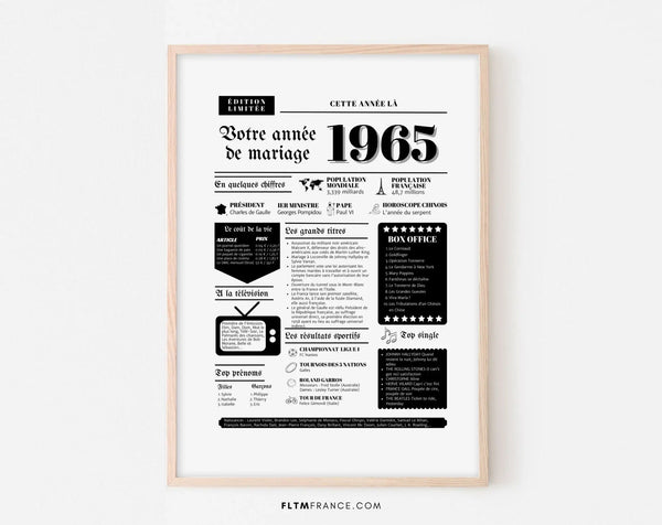 Affiche Année de mariage 1965 - Noces de diamant - 60 ans de mariage