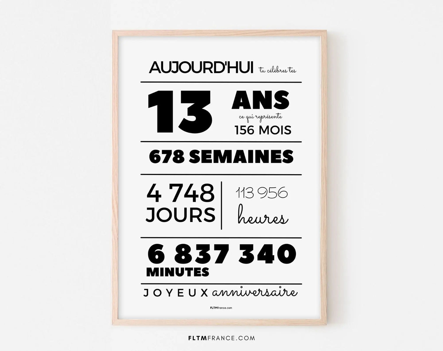 Affiche 13 ans, 156 mois, 678 semaines - Carte anniversaire enfant FLTMfrance