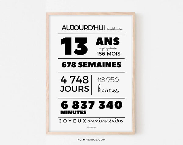 Affiche 13 ans, 156 mois, 678 semaines - Carte anniversaire enfant