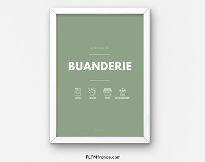 3 affiches coloris verts Buanderie, Entretien du linge et Guide des taches FLTMfrance