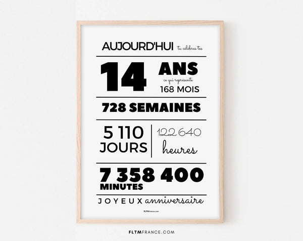 Affiche 14 ans, 168 mois, 728 semaines - Carte anniversaire enfant