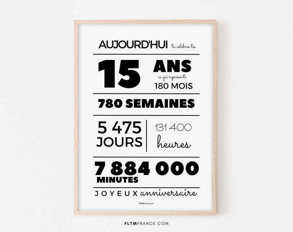 Affiche 15 ans, 180 mois, 780 semaines - Carte anniversaire