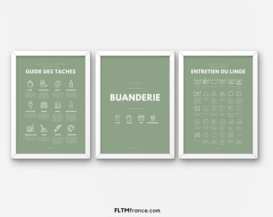 3 affiches coloris verts Buanderie, Entretien du linge et Guide des taches FLTMfrance