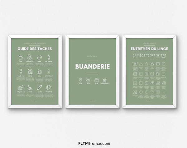 3 affiches coloris verts Buanderie, Entretien du linge et Guide des taches