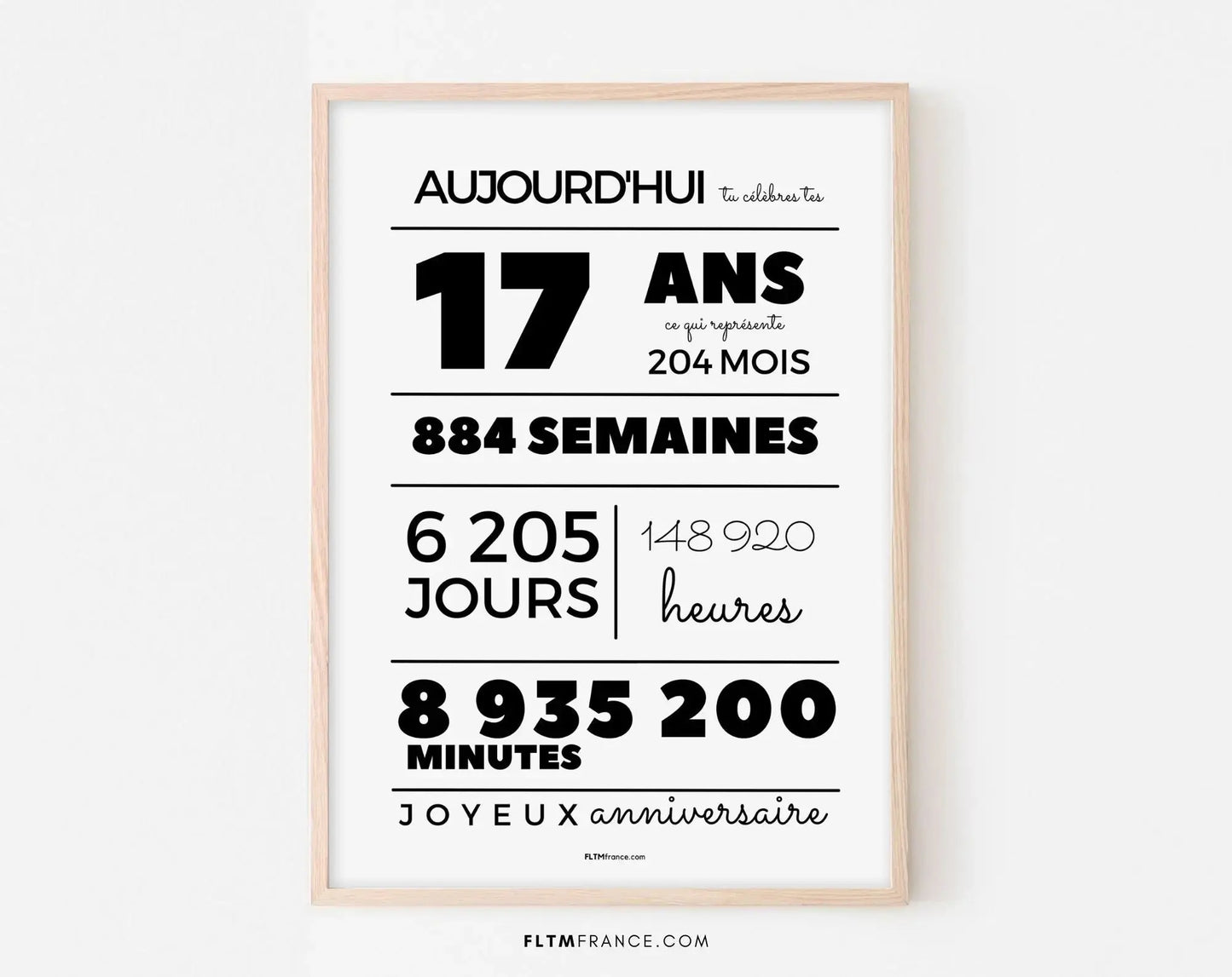 Affiche 17 ans, 204 mois, 884 semaines - Carte anniversaire FLTMfrance