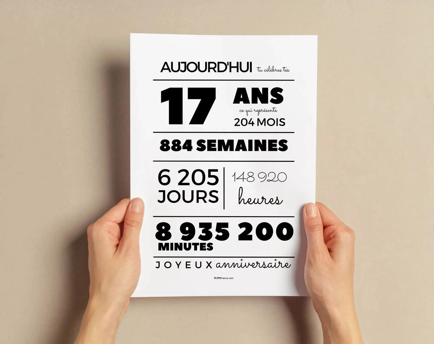 Affiche 17 ans, 204 mois, 884 semaines - Carte anniversaire FLTMfrance