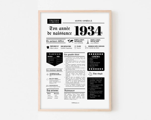 Affiche année de naissance 1934 - Cadeau anniversaire 92 ans