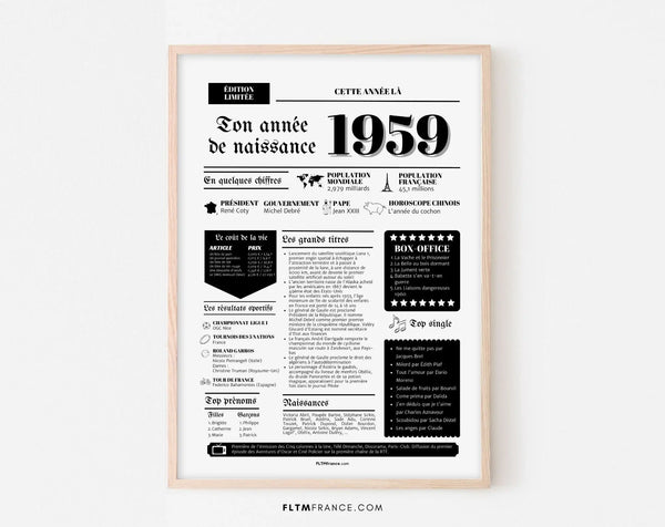 Affiche année de naissance 1959 - Cadeau anniversaire 67 ans