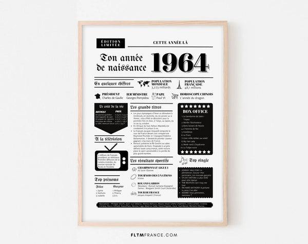 Affiche année de naissance 1964 - Cadeau anniversaire 62 ans