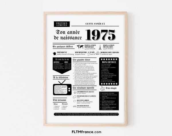 Affiche année de naissance 1975 - Cadeau anniversaire 51 ans