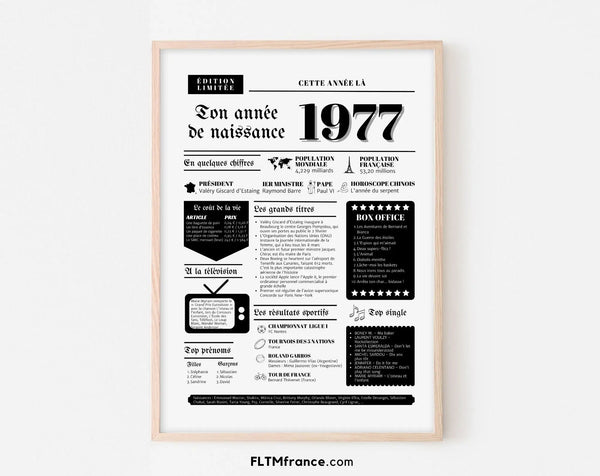 Affiche année de naissance 1977 - Cadeau anniversaire 49 ans