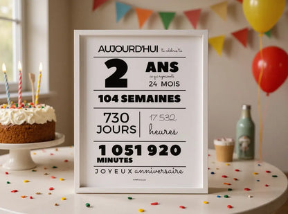 Affiche 2 ans, 24 mois, 104 semaines - Carte anniversaire enfant FLTMfrance