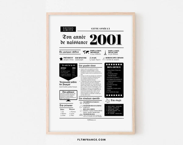 Affiche année de naissance 2001 - Cadeau anniversaire 25 ans