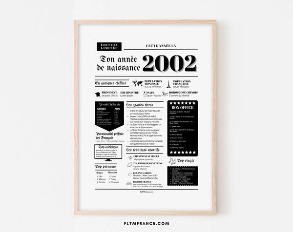 Affiche année de naissance 2002 - Cadeau anniversaire 24 ans