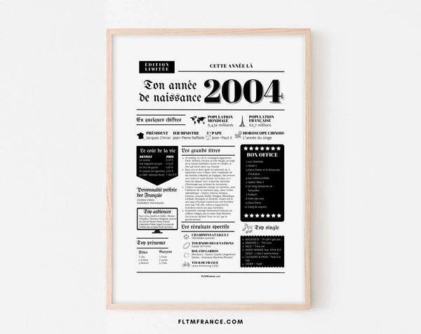 Affiche année de naissance 2004 - Cadeau anniversaire 22 ans