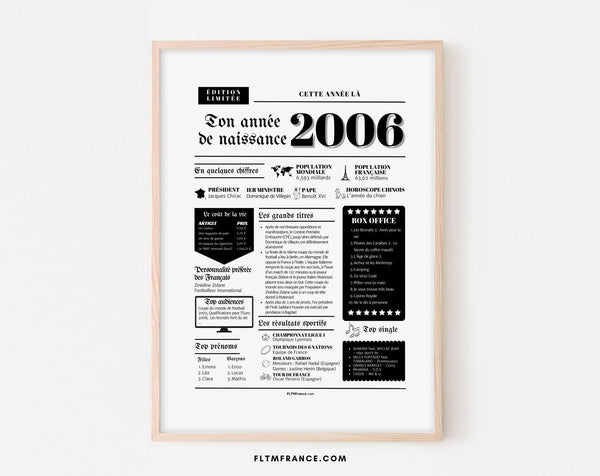 Affiche année de naissance 2006 - Cadeau anniversaire 20 ans