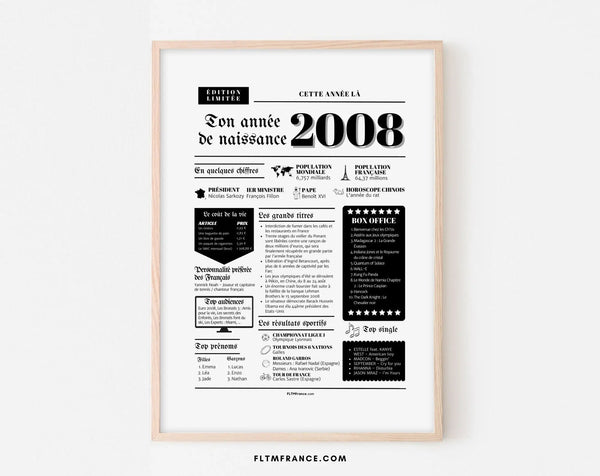 Affiche année de naissance 2008 - Cadeau anniversaire 18 ans