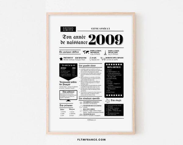 Affiche année de naissance 2009 - Cadeau anniversaire 17 ans