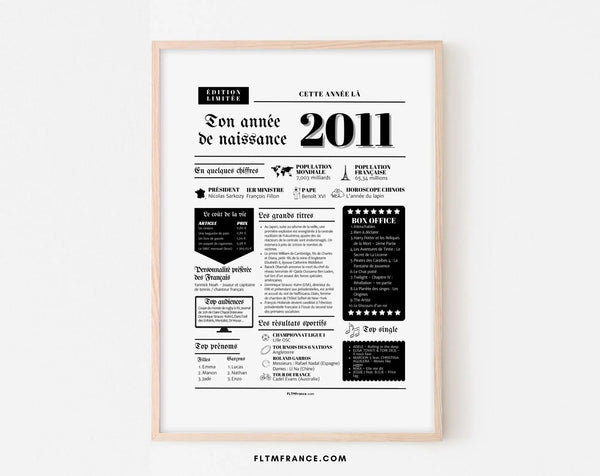 Affiche année de naissance 2011 - Cadeau anniversaire 15 ans