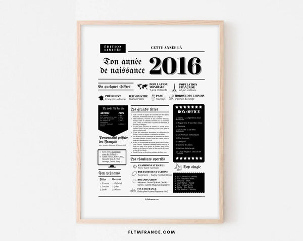 Affiche année de naissance 2016 - Cadeau anniversaire 10 ans