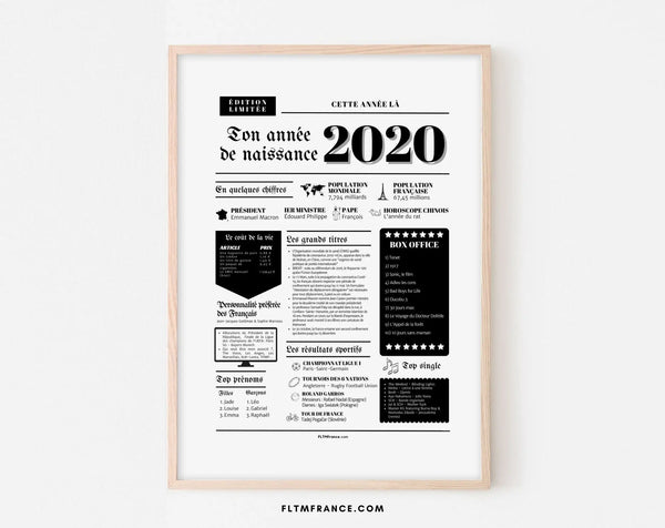 Affiche année de naissance 2020 - Cadeau anniversaire 6 ans