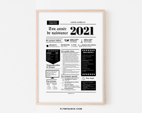 Affiche année de naissance 2021 - Cadeau anniversaire 5 ans