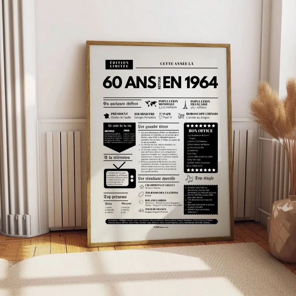 Affiche 60 ans retour en 1964 année de naissance - Carte anniversaire 60 ans FLTMfrance
