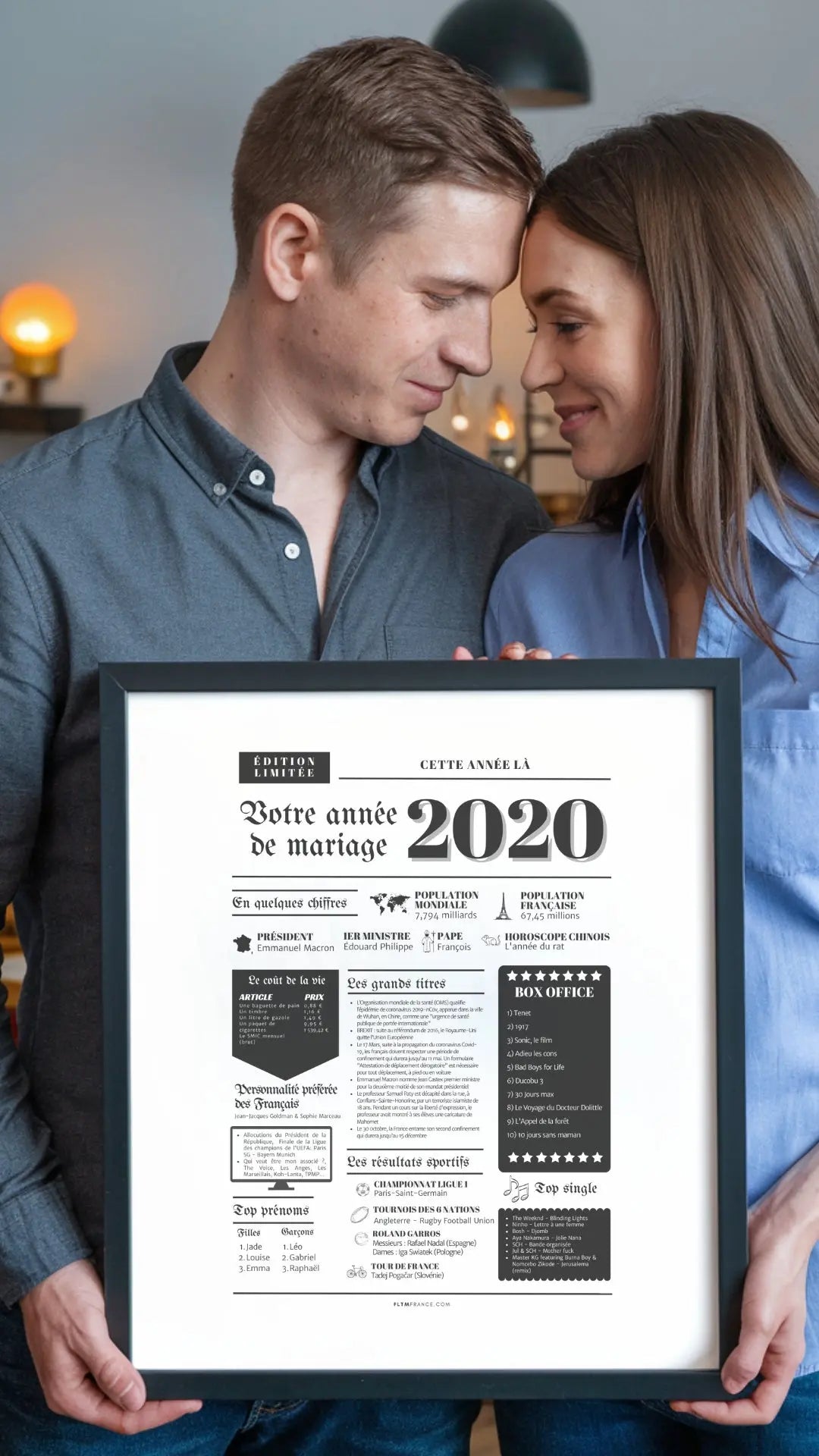 Affiche Année de mariage 2020 - Noces de bois - 5 ans de mariage FLTMfrance