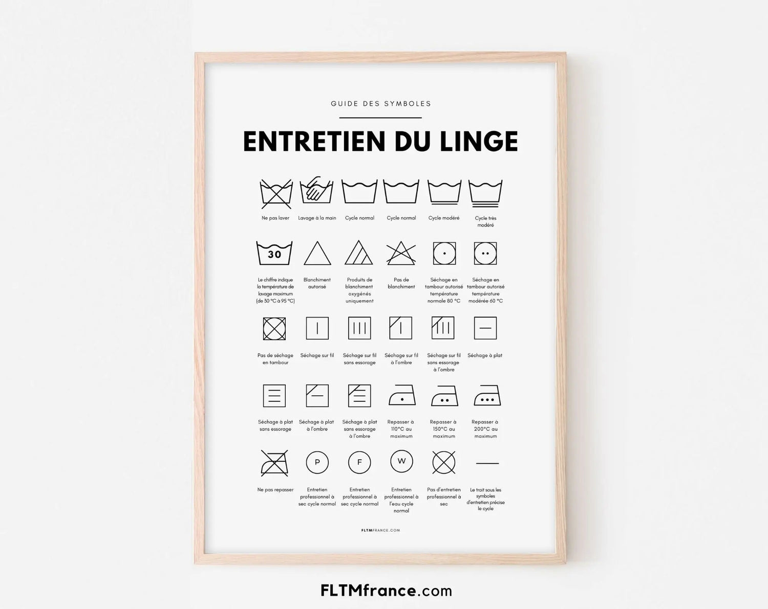 Affiche Entretien du linge - Guide des symboles entretien du linge machine FLTMfrance