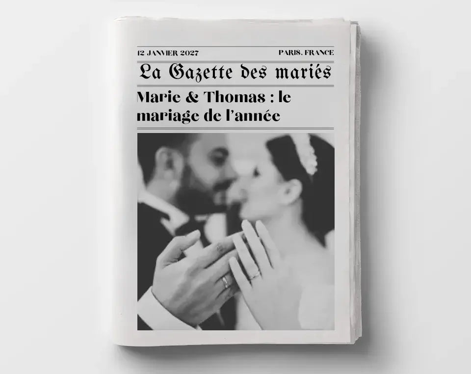 Affiche La Gazette des Mariés - Poster rétro personnalisé pour mariage FLTMfrance