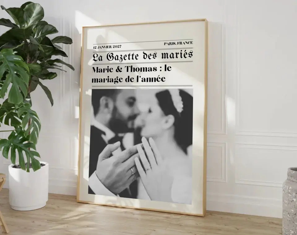 Affiche La Gazette des Mariés - Poster rétro personnalisé pour mariage FLTMfrance