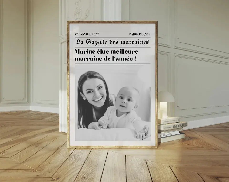 Affiche La Gazette des Marraines - Cadeau rétro et personnalisé pour marraine FLTMfrance