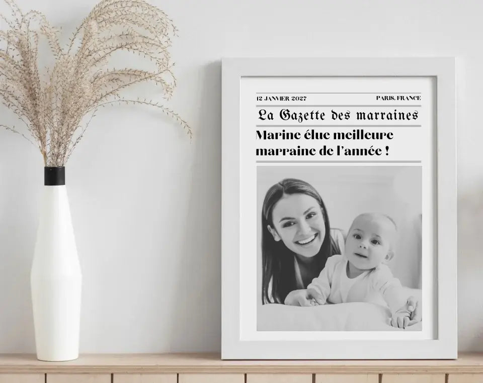 Affiche La Gazette des Marraines - Cadeau rétro et personnalisé pour marraine FLTMfrance