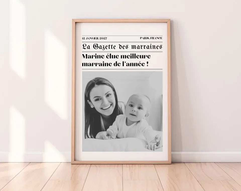 Affiche La Gazette des Marraines - Cadeau rétro et personnalisé pour marraine FLTMfrance