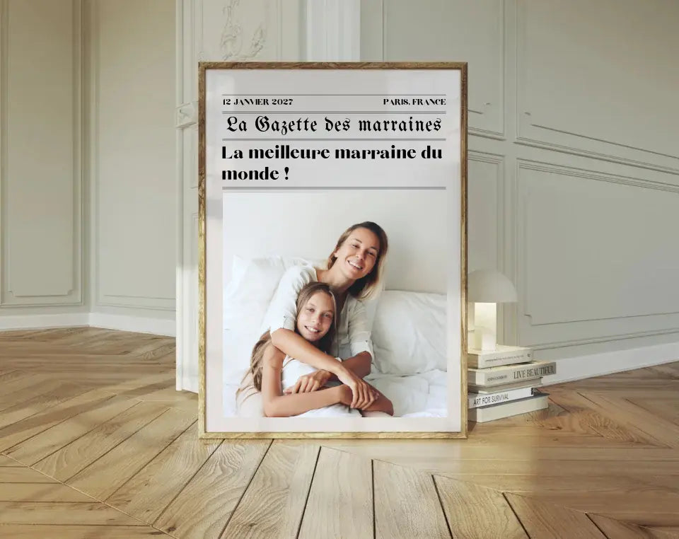 Affiche La Gazette des Marraines - Cadeau rétro et personnalisé pour marraine FLTMfrance